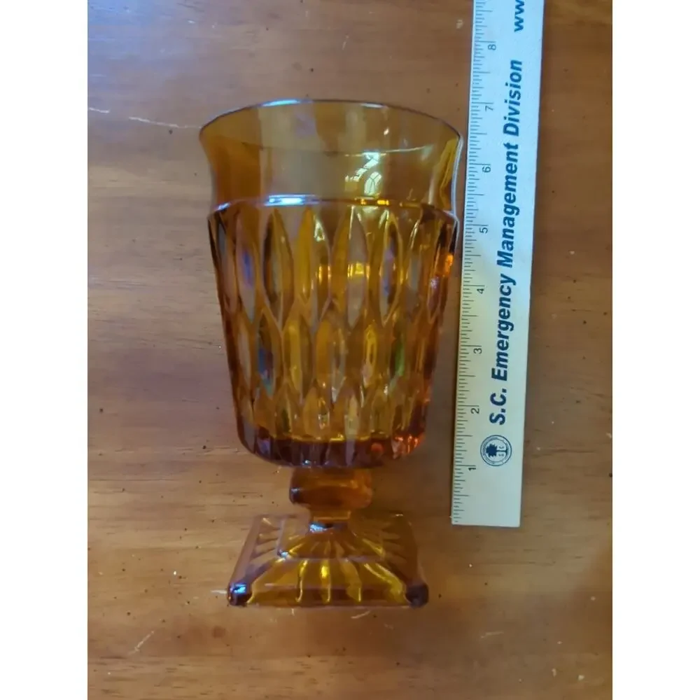 Vintage Indiana Amber Glass Mt. Vernon Tea Footed Goblet Glass Square Base